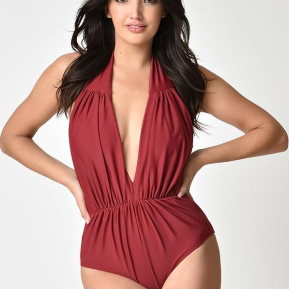 Burgundy Red Halter Shirred One Piece Swimsuit